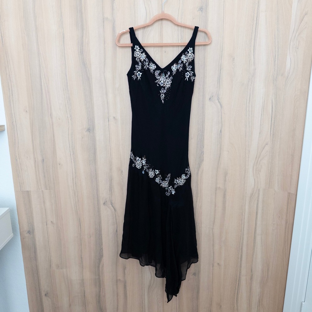 Vintage Dressbarn Silk Beaded Dress 12 Black Asymmetrical Y2K Whimsigoth Fairy